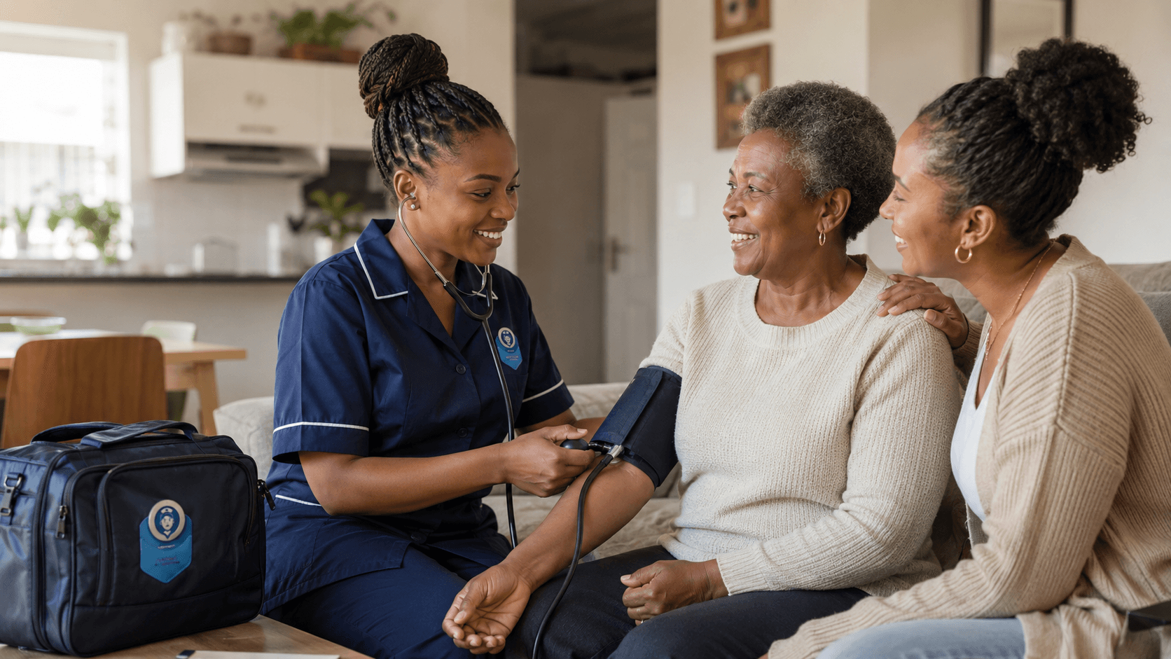 Registered Nurse providing a clinical assessment at home with family present